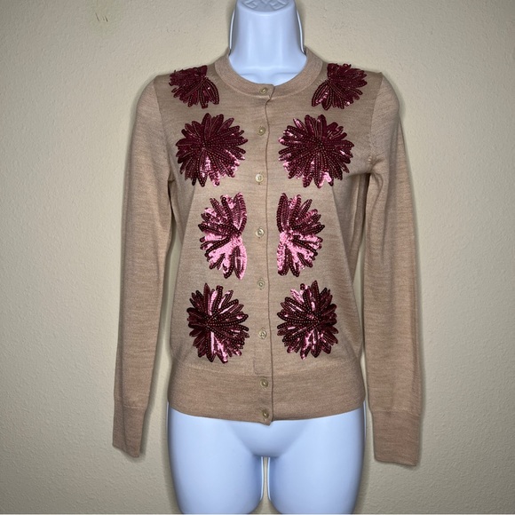 J CREW Camel & Pink Sequin Flower Jackie Cardigan Sweater - AE171 - Sz XS - Picture 2 of 10